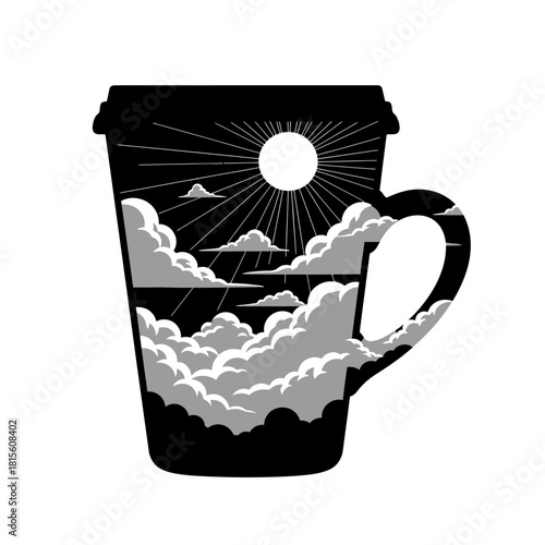 Dreamy beverage scene silhouette, nocturnal clouds and celestial orbs in coffee cup