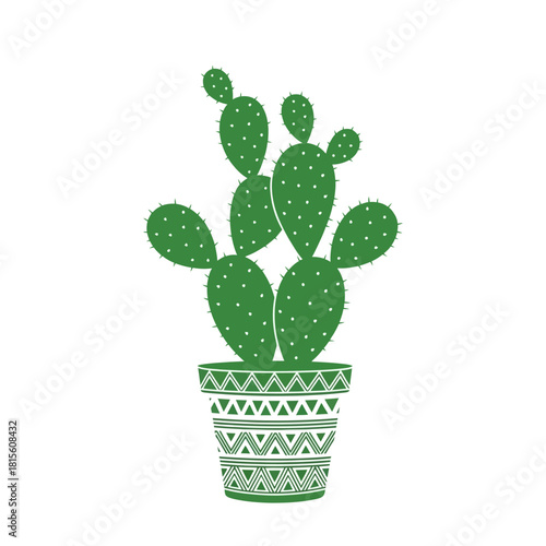 Stylized green cactus in an ornamental pot illustration isolated on white backdrop