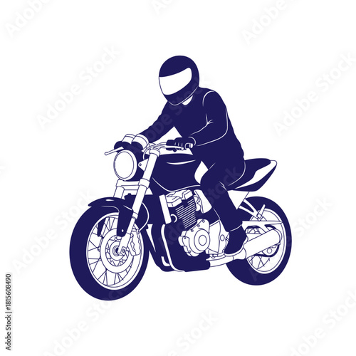 Stylized vector illustration of a motorcyclist riding on a motorbike with helmet design