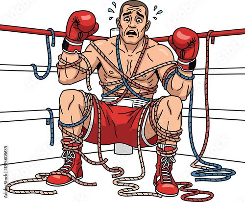 Stressed Boxer Tangled in Ring Ropes Looking Defeated