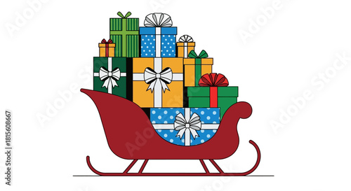 Festive Sleigh Overflowing with Christmas Gifts Illustration for Holiday Season Celebrations