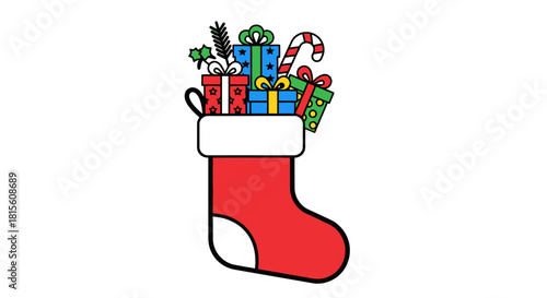 Festive christmas stocking filled with colorful gifts and a candy cane for christmas celebration
