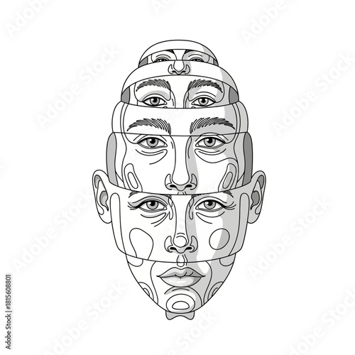Sliced layered face conceptual illustration revealing hidden identities in monochrome