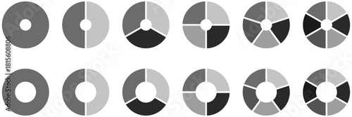 Pie charts diagrams. Set of different color circles isolated. Infographic element round shape. Collection of colorful diagrams with 1, 2, 3, 4, 5, 6, 7, 8 sections or steps. Vector illustration