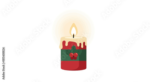 Festive holiday candle with holly decoration glowing softly on a white backdrop
