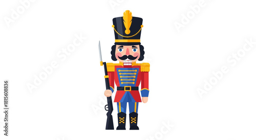 Whimsical illustration of a classical cartoon nutcracker soldier on white backdrop