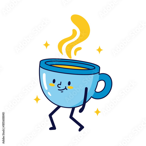 Animated coffee cup character with steam and expressive face promoting morning cheer