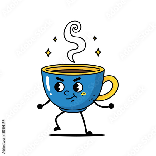 Animated coffee cup character radiating positive energy with steam and sparkle accent