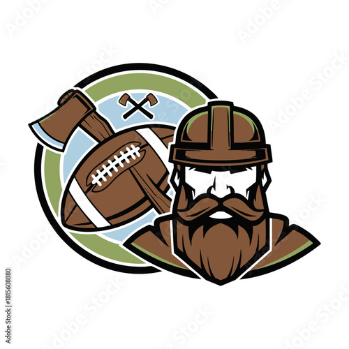 Lumberjack Football Logo Bearded Mascot with Axe and Ball