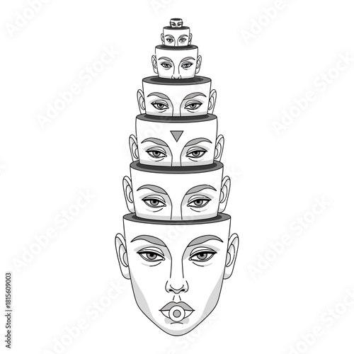 Surreal layered faces create a striking visual hierarchy with geometric eye symbols