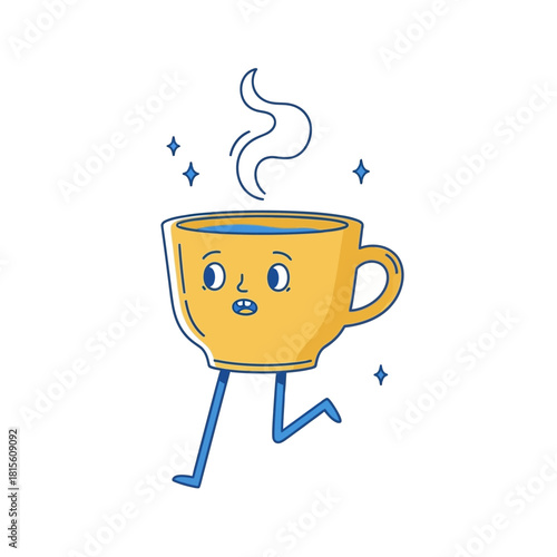 Animated coffee cup character with steam and legs showcases whimsical design and cheerful charm
