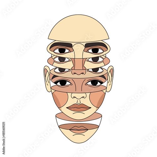 Surreal sliced face composition exploring fragmented perception of identity and emotion