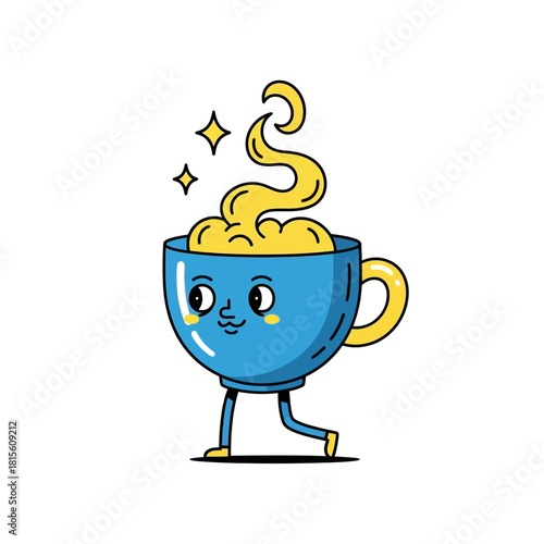 Animated mug character with smiling face and steamy beverage emanating warmth and whimsy