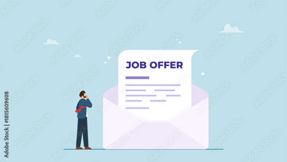 Naklejka premium Businessman candidate thinking to accept job offer email envelope. Job offer or job opportunity to be promoted or new position for higher salary, employment and recruitment, human resources.