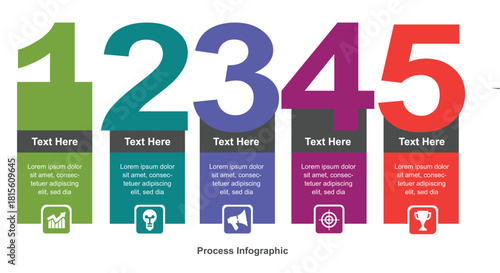 Colorful FiveStep Process Infographic with Icons and Text Placeholders for Business Presentation