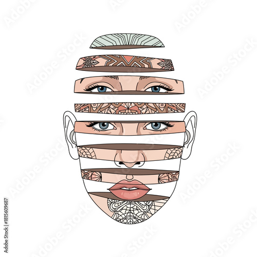 Abstracted portrait revealing layers of inner patterns and fractured identity exploration