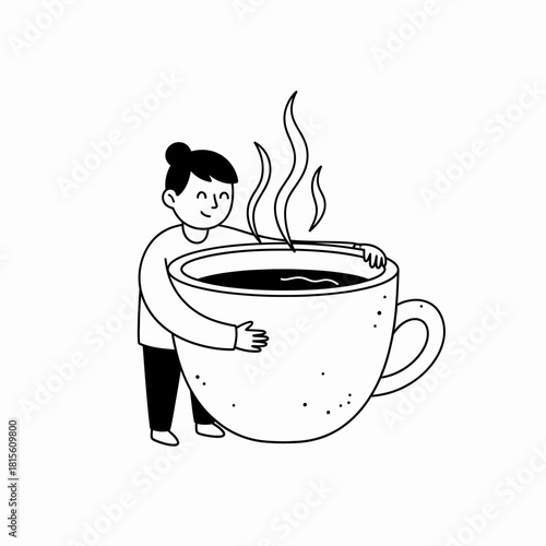 Whimsical embrace a giant mug warm contentment minimalistic art drawing delightful break