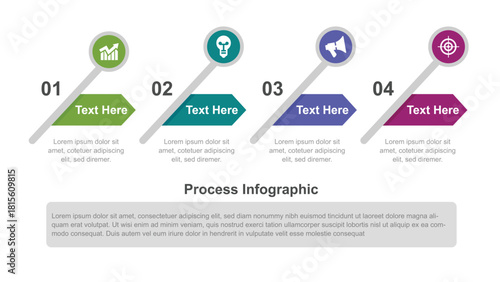 Colorful FourStep Process Infographic with Icons, Text Boxes, and Connector Lines Design