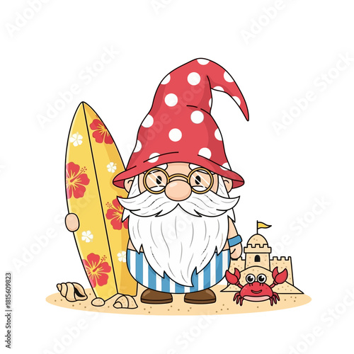 Whimsical beach getaway with a gnome on vacation enjoying summer festivities and relaxation