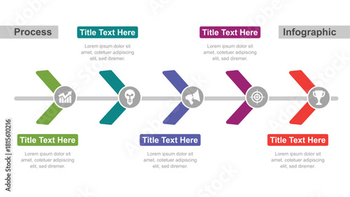 Colorful Process Infographic Showing Business Steps with Icons and Description Boxes for Presentations