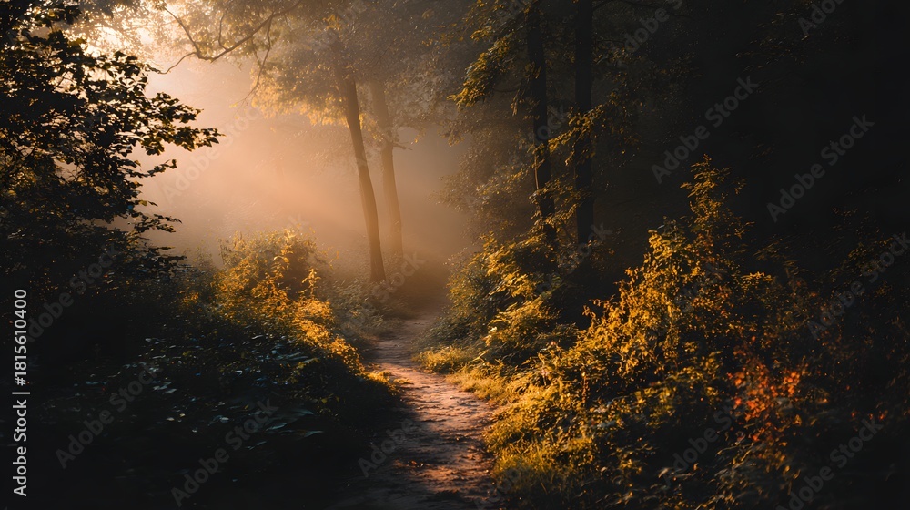 Obraz premium Morning sun beams illuminate a narrow, winding dirt path leading through a dense, atmospheric forest.