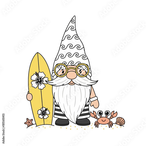 Whimsical beachside gnome enjoying summer with surfboard and ocean themed accessories