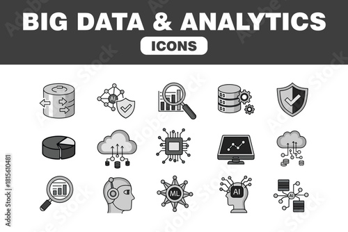 big data and analytics black and white icons set