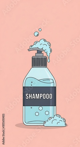 Shampoo Bottle Illustration with Bubbles and Label.