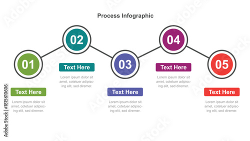 Five Step Colorful Process Infographic Displaying Numbered Circular Steps with Text Boxes