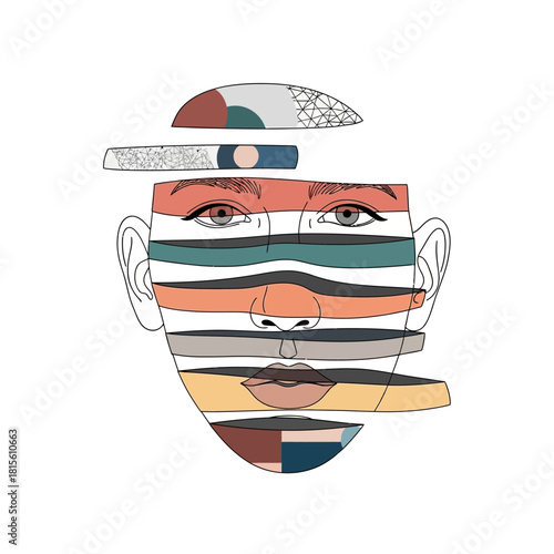 Deconstructed visage: Abstract portrait with layered elements expressing fragmented identity and