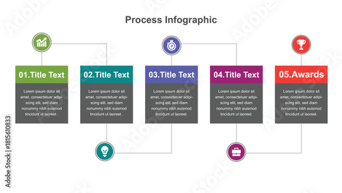 Five Steps Process Infographic with Business Icons and Description Boxes Presentation Diagram