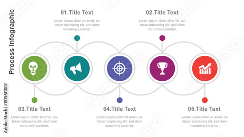 FiveStep Process Infographic with Icons Representing Ideas, Promotion, Goals, Achievements and Growth for Presentation Use
