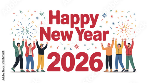 A Bright Beginning: Welcoming 2026 with Joy and Celebration. A group of diverse individuals stand united, arms raised in joyful anticipation of a fresh year and the exciting possibilities that await.