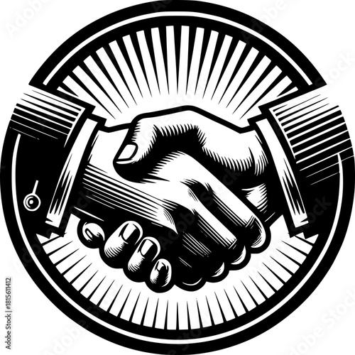 Handshake Emblem: A classic symbol of partnership, agreement, and trust, featuring two hands clasped in a firm handshake within a circular emblem, radiating notions of collaboration and solidarity.