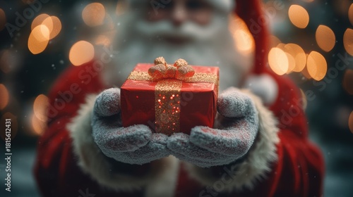 Santa hand holding gift in christmas day,holiday shopping online,light background,smartphone,banner sale gifts,Blank white screen,Mockup.