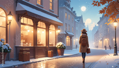 Silent snowy night on a warm glowing city street. Cozy winter town lit by soft golden storefronts. Peaceful snowy evening walk through a glowing lane