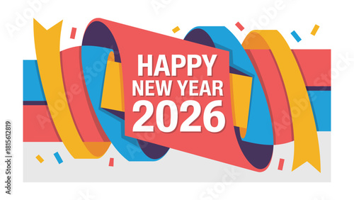 New Year's Banner 2026: A vibrant and festive banner for the New Year 2026, the design features ribbons and confetti to create a sense of celebration and anticipation for the new year.