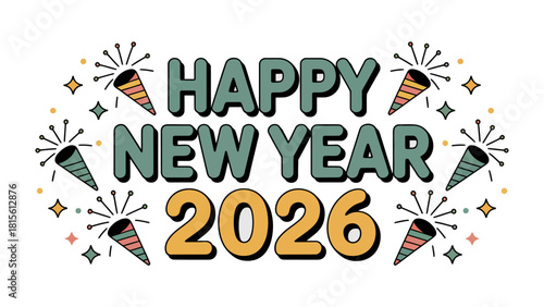 New Year's Celebration: Colorful and festive typography spells out a cheerful Happy New Year 2026, surrounded by decorative elements that evoke the spirit of celebration. Perfect for greeting cards.