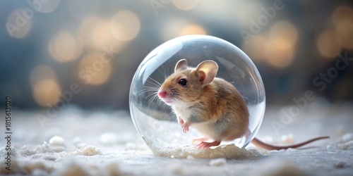 A tiny rodent, a house mouse, sits inside a clear glass sphere on a fluffy white surface, illuminated by soft bokeh lights.