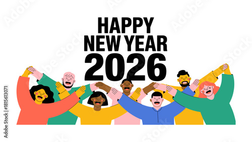 Celebration of New Year: diverse group of people from different backgrounds come together in a vibrant display of joy and optimism for the upcoming year 2026. This festive graphic symbolizes unity.