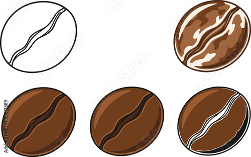 Set of Five Coffee Bean Vector Illustrations Different Styles Outline and Brown Color Design