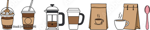 Set of Seven Coffee Vector Doodle Illustrations Iced Drinks, French Press, and Packaging Elements