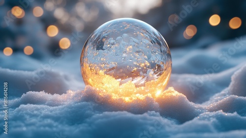 Christmas tree in Glass snow globe on red background, Christmas decorative design with white snowdrift,snowflakes,glow garland,3d decorative garland glow.Xmas Decorations,Vector illustration.