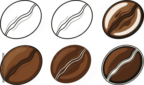 Set of Six Coffee Bean Vector Illustrations in Different Styles Outline and Realistic Brown Color