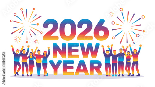 New Year 2026 Celebration: A jubilant assembly of diverse people welcomes the arrival of 2026 with exuberant cheers under a radiant display of fireworks.
