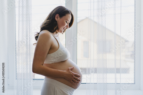A Pregnant woman stands by a window, cradling her round belly. This moment captures the beauty of pregnancy. Free Download A Pregnant woman stands by a window, cradling her round belly. This moment captures the beauty of pregnancy. - GFXLoad