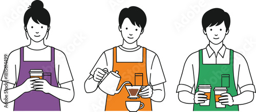 Set of Three Barista Cafe Workers Vector Illustration Serving and Brewing Coffee with Aprons