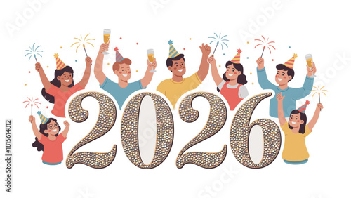 New Year Festivities: A vibrant scene captures the anticipation of the New Year, with friends, holding sparklers and glasses of champagne, against a backdrop of a festive gathering.