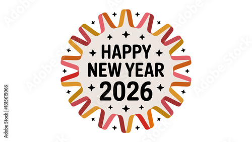 Celebrating the New Year: A festive graphic design announces the arrival of 2026, featuring a celebratory ribbon design.