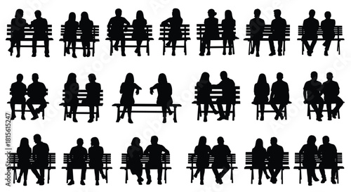 Silhouettes of diverse couples, men, and women sitting together on benches, depicting resting, socializing, conversation, dating, relationships, waiting, and urban park leisure.